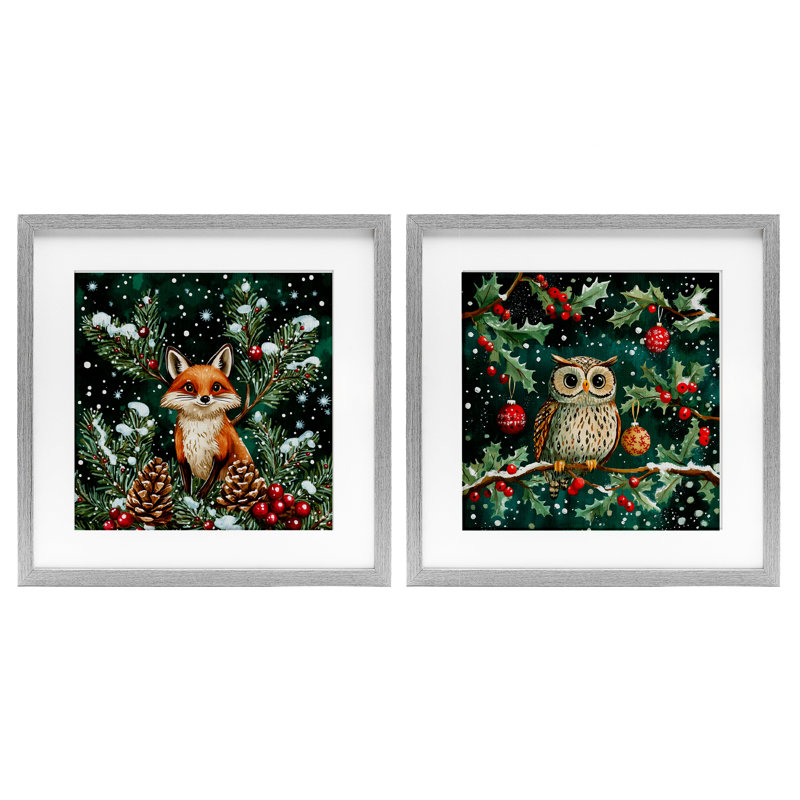 Winter Snowfall Fox & Owl, ensemble de 2 reproductions encadrées sous verre, par Yen, H 16 po x l 16 po, Cadre de ferme gris