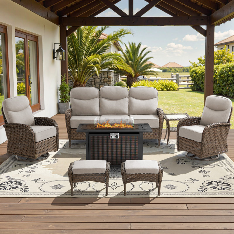 7 - Person Fire Pit Outdoor Wicker Conversation Furniture Set With 6" Cushions, 55,000 BTU Propane Table, Beige