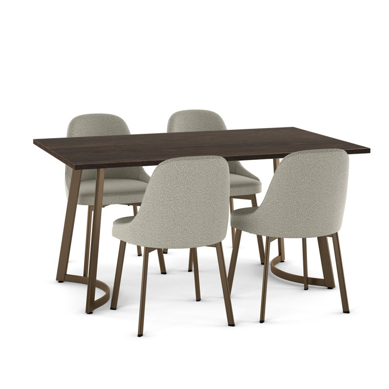 Korde 5 Pieces Dining Set, Light Beige & Grey Bouclé, Dark Gray Brown