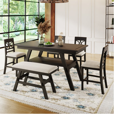 6-Piece Wood Counter Height Dining Table Set With Storage Shelf, Kitchen Table Set With Bench And 4 Chairs,Rustic Style,Espresso+Beige Cushion -  August GroveÂ®, FE3037CE105A45CB9E601EB52CD6B8BA