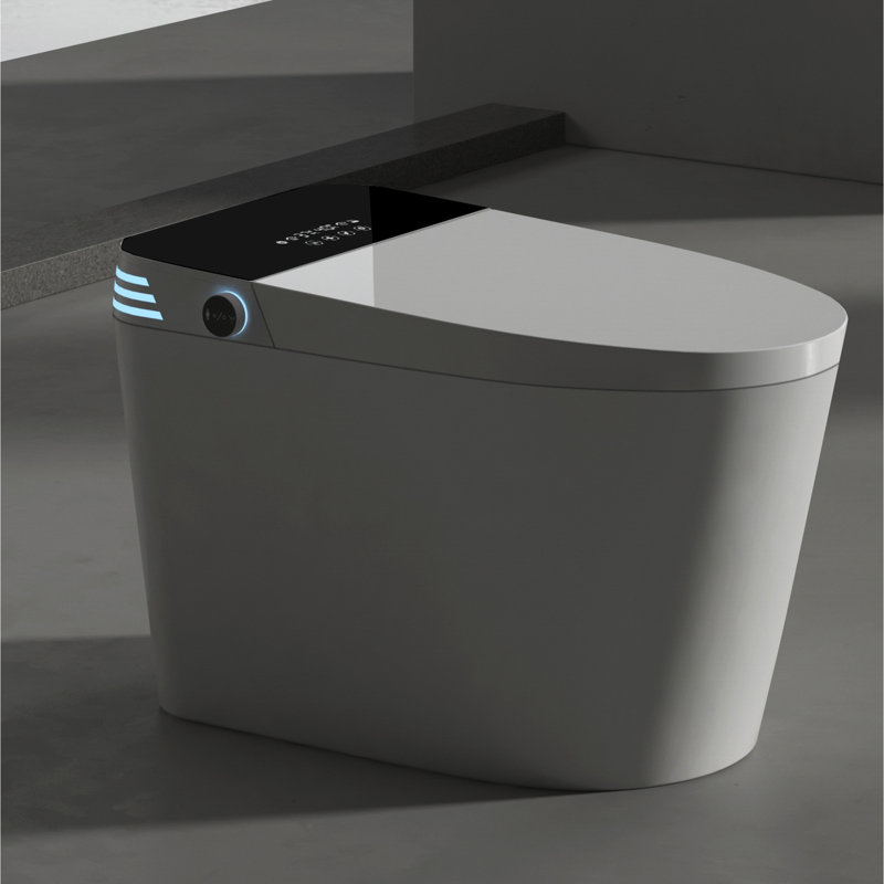 Toilette bidet contemporaine - Siège chauffant, fonctions automatiques, eau chaude, sec, télécommande, blanc avec capteur de pied noir intégré, chasse d'eau, eau et séchage