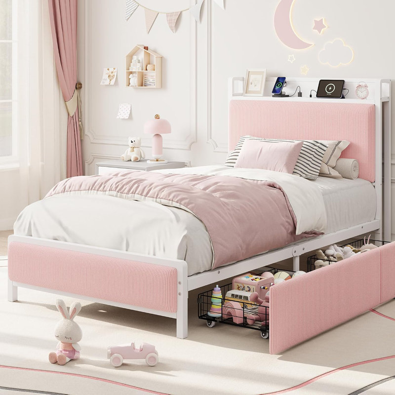 Structure de lit simple TG avec 2 tiroirs et station de charge, lit plateforme rose, Twin-XL, Rose