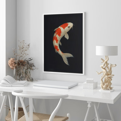 Red Koi Fish Illustration - Art Print, Framed Canvas Wall Art for Bathroom or Zen Room, Japanese-Inspired Modern Decor