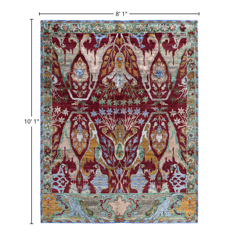 Luxurious Red Hand-Knotted Wool and Silk Area Rug, 8' 1" x 10' 1"