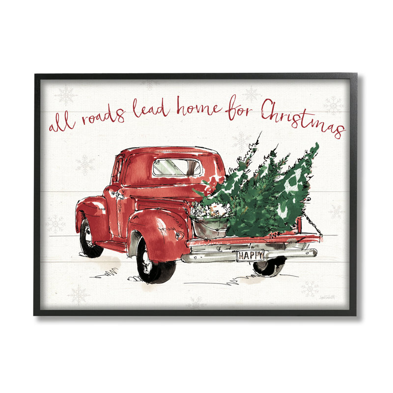 Maison pour Noël, arbres inspirants en camion rouge, estampe numérique encadrée par Anne Tavoletti
