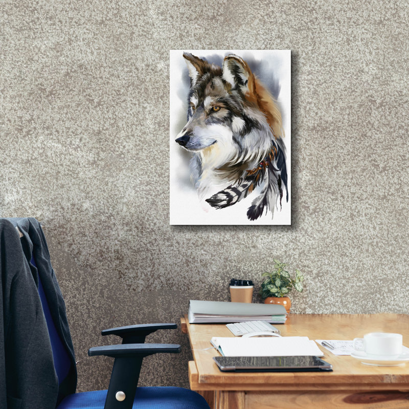  «Red Wolf Head and Bird Feathers» par Kajenna, art mural sur toile, 18 po x 26 po, H 26 po x l 18 po