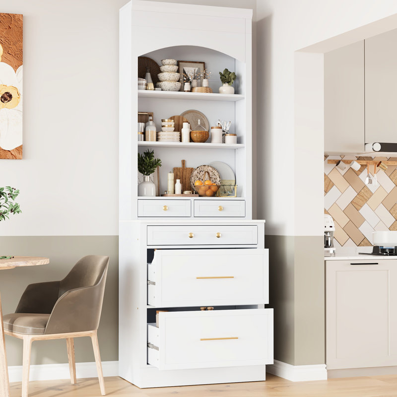 83.7Inch High Kitchen Pantry With Faux Marble Surface - White Cabinet For Efficient Storage Drawers Freestanding And, White