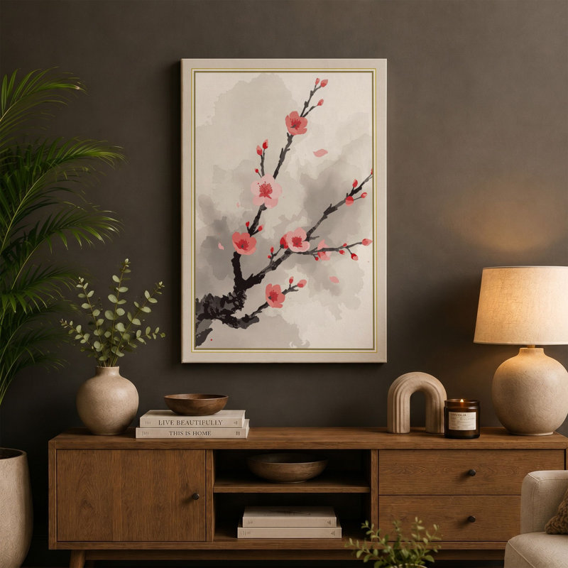 Moonlit Cherry Blossom Japandi - Wrapped Canvas, 36x24 - 91.4 x 61.0 cm, Terracotta Border