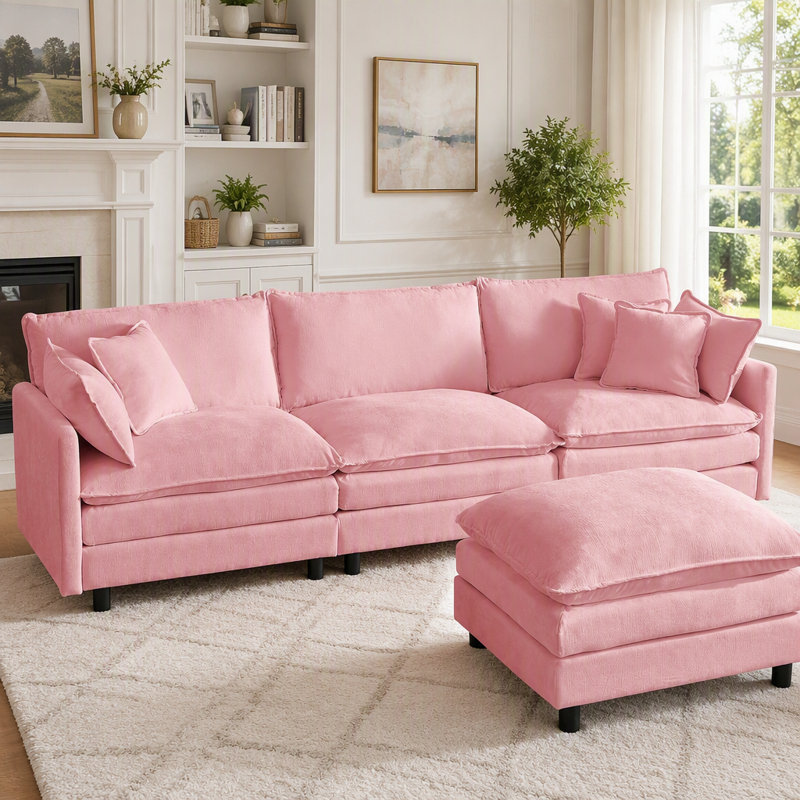 Canapé modulaire en L en forme de L avec repose-pieds mobile, revêtement en chenille, rose, L 110 po, Chenille rose