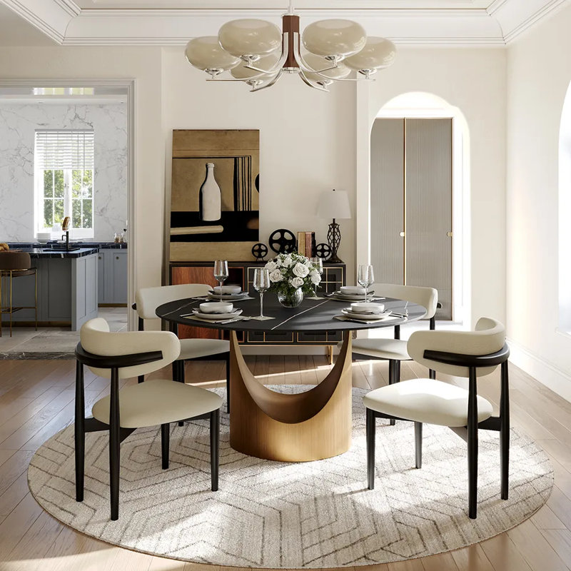 Table de salle à manger moderne en pierre frittée moderne avec base piédestal, H 29,5 po x L 51 po x l 51 po, Noir, Bronze