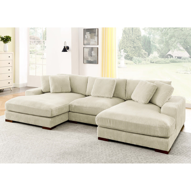 Canapé modulaire en velours côtelé double avec 3 sièges réglables en velours côtelé beige et coussins d'assise surdimensionnés -