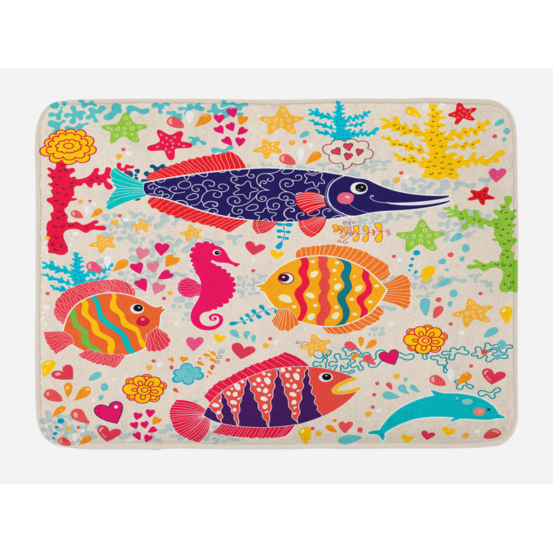 Multicolor Sea Animals Plush Bath Mat with Anti-Slip Backing