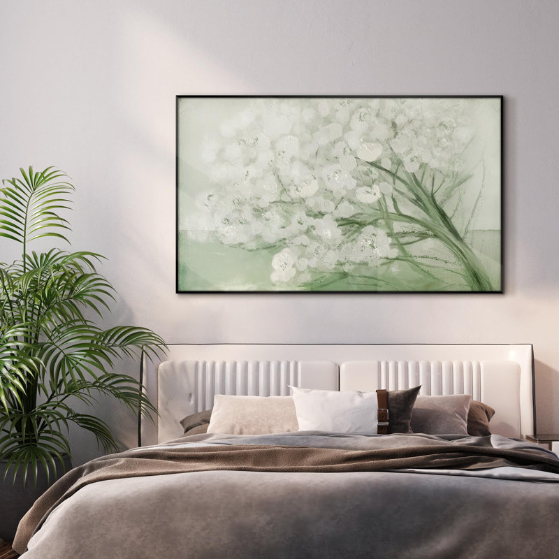 Doux fleur blanche sur fond vert, impression sur toile encadrée (assemblage requis), H 36 po x l 60 po