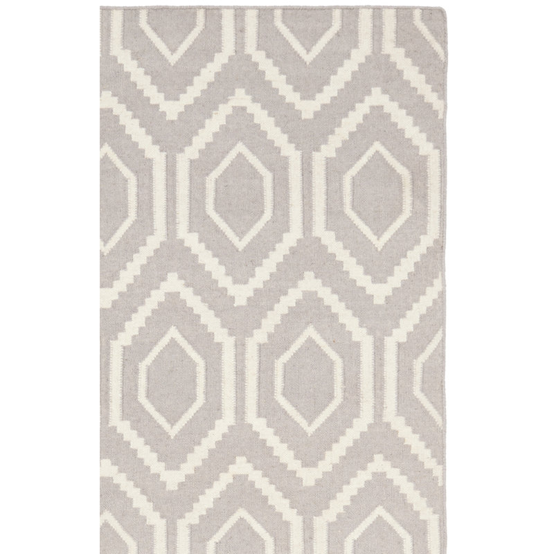 Tapis gris / ivoire en laine et coton tissé à plat à la main Fung, Carré 8 pi