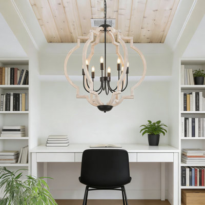 Farmhouse Orb Chandelier With 8 Lights, Rustic Hand-Distressed White Wood And Matte Black Finish, Adjustable Hanging Pendant Light Fixture For Dining Room, Kitchen, Bedroom, Or Entryway