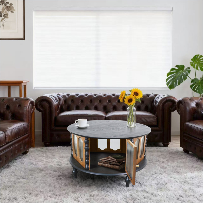 Round Real Wood Veneer Coffee Table with Cabinet Storage, 31.5 Inch, Sleek Black and Walnut, Compact for Small Spaces