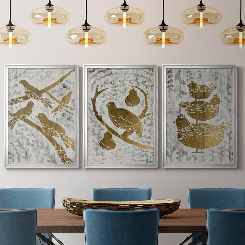 Quatre oiseaux qui chantent - Feuille d'or - Toile sur toile tendue avec châssis encadré - 3 pièces, H 27 po x l 39 po