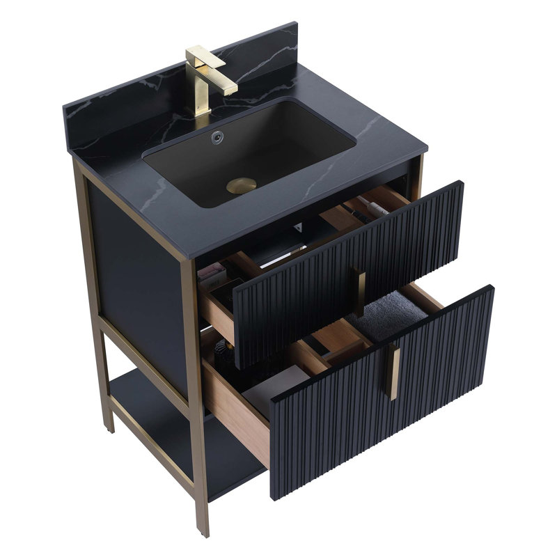  Meuble-lavabo moderne avec plateau en pierre frittée Serenity, Noir mat / laiton, 24", Pierre d'ingénierie noire