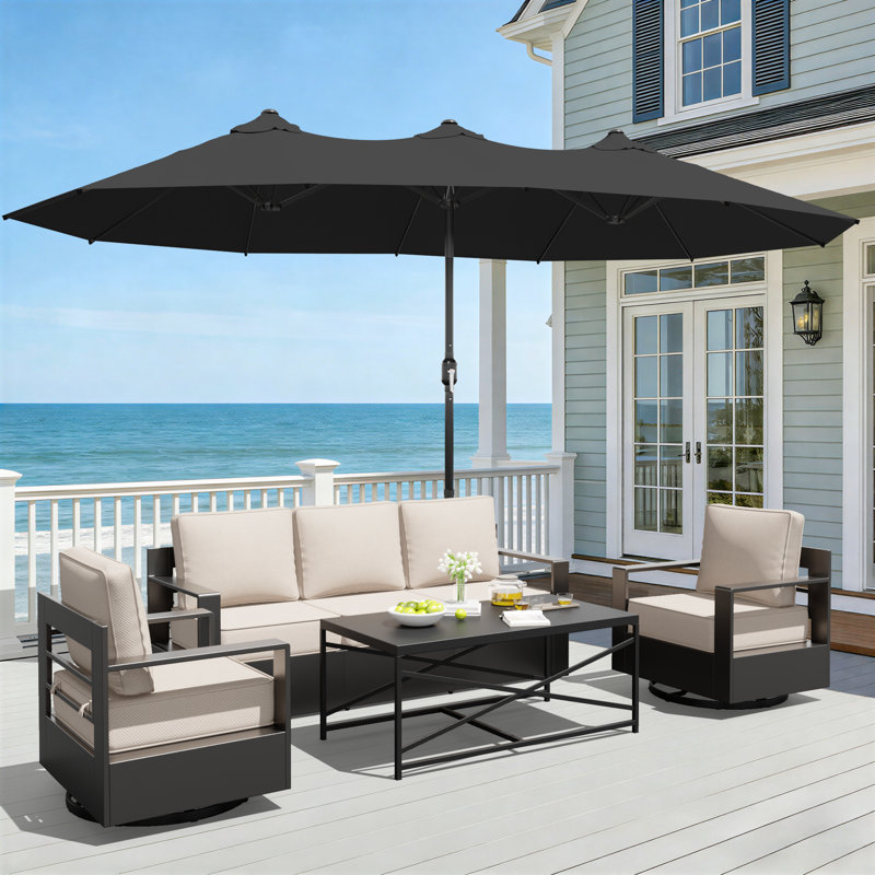Ensemble de canapé d'extérieur pour 5 personnes, chaises pivotantes et table basse avec parasol noir et coussins beiges en aluminium 5 personnes