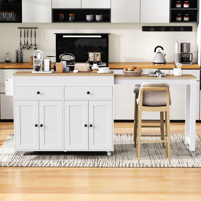 74.5 Inch Kitchen Island With Extendable Dining Table , Rolling Kitchen Island On Wheels With Spice Rack And 2 Drawers, Kitchen Storage Cart With 4 Do by Latitude Run