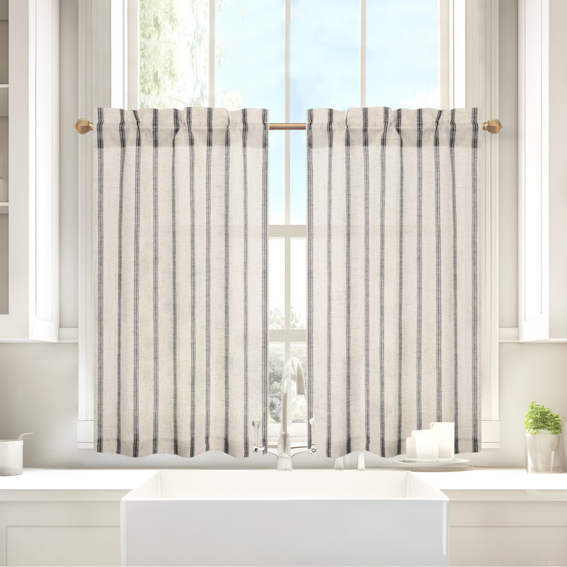 Farmhouse Kitchen Curtains Striped Tier Linen Short Curtains Pinstripe Cafe Curtains, 26" W x 45" L, Black Stripe/Light Linen