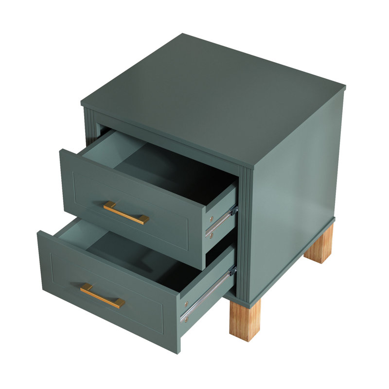 Table de chevet 2 tiroirs, rangement en bois de qualité supérieure avec design cannelé élégant, table de chevet à pieds en bois massif avec poignée en métal, grande table de chevet pour le salon de la chambre à coucher, bleu