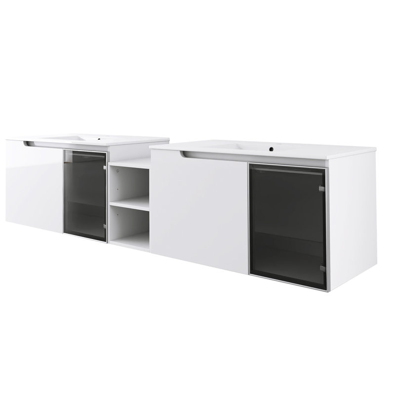Meuble-lavabo mural 84 po avec lavabo en céramique, portes à fermeture en douceur, meuble-lavabo blanc brillant et demi-porte en verre gris, 1 tablette de rangement petite, armoire combinée, contreplaqué (emballage KD)