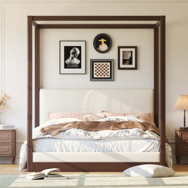 Lit plateforme à baldaquin en bois avec tête de lit tapissier, Grand lit, Espresso
