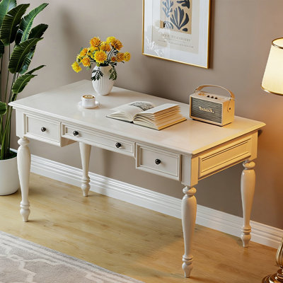 White Rectangular Solid Wood with 2 drawers desk