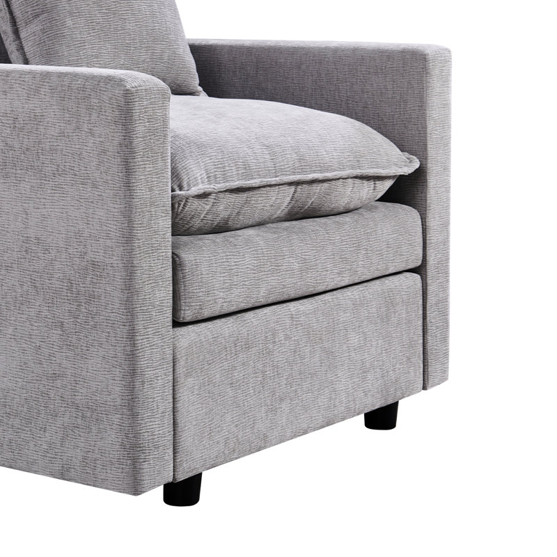 Fauteuil de salon gris en chenille - siège profond avec coussins à double couche et aspect charmant