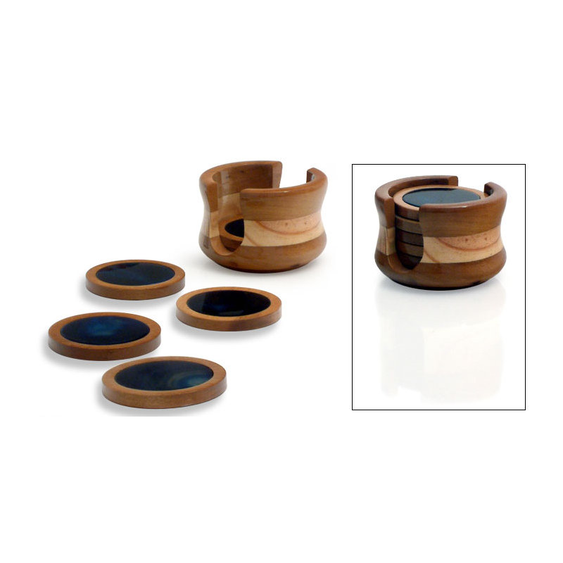 Wood Round 6 Piece Coaster Set With Holder