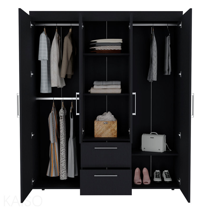 Garde-robe, rangement multi-sections avec tringles de suspension, tablettes et 2 tiroirs, Noir