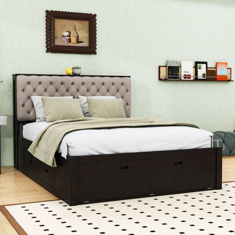 Queen-Size Platform Bed with Upholstered Headboard, Built-in Storage Drawers, Espresso