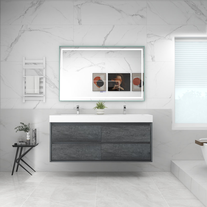 Base de meuble-lavabo mural 60 po avec dessus en acrylique renforcé Noble Moreno, Blanc