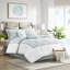 Édredon double en blanc - jupe de lit rembourrée 100% coton avec broderie sur le thème de la plage et 2 taies décoratives