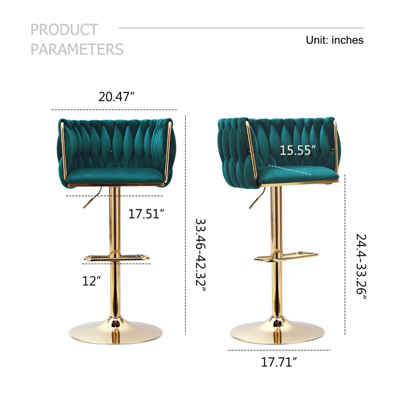 Swivel Adjustable Height Bar Stool Modern Velvet Bar Stool with Metal Frame, Green