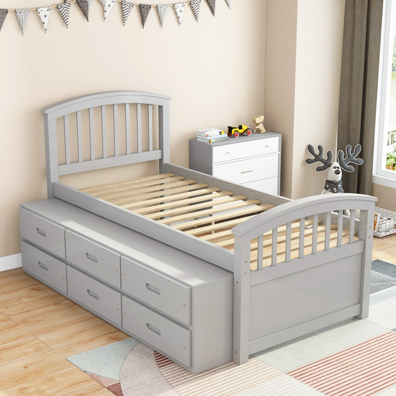 Platform Storage Bed With Drawers, gris
