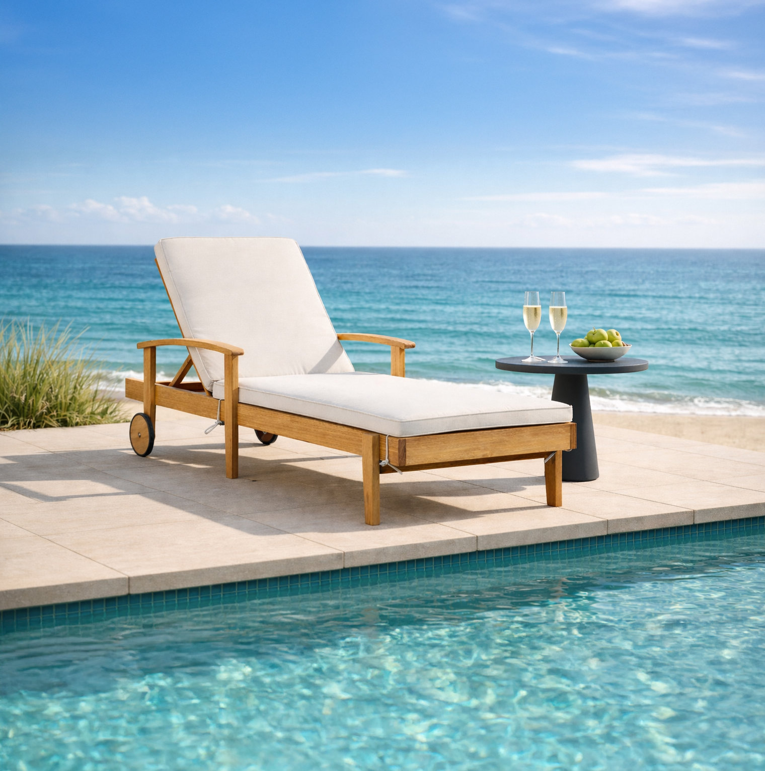 28" Eucalyptus Patio Chaise Lounge, Cream