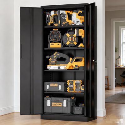 Armoire de rangement en métal 71 po h, armoire verrouillable en acier à outils noir avec portes et 4 tablettes, grands classeurs pour systèmes de rangement de garage