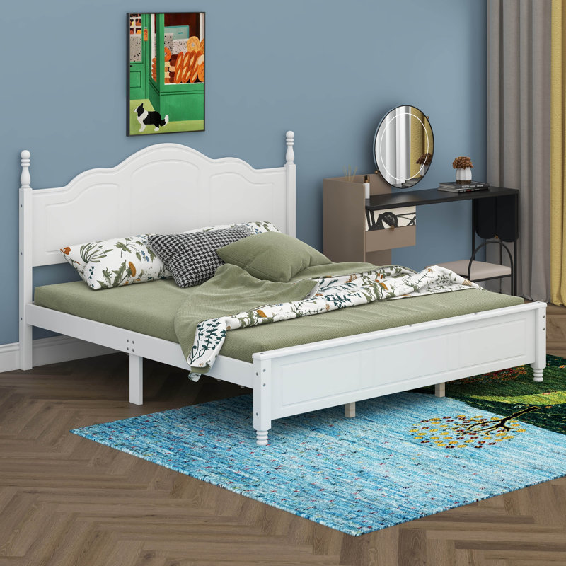 Base de lit en bois avec tête de lit, cadre de lit plateforme avec tête de lit Retro Wave, support de lattes en bois, Blanc