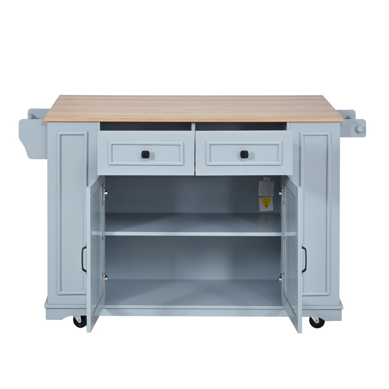 Kitchen Island with Glass Door Storage, Power Outlet and Open Shelves, Blue Gray