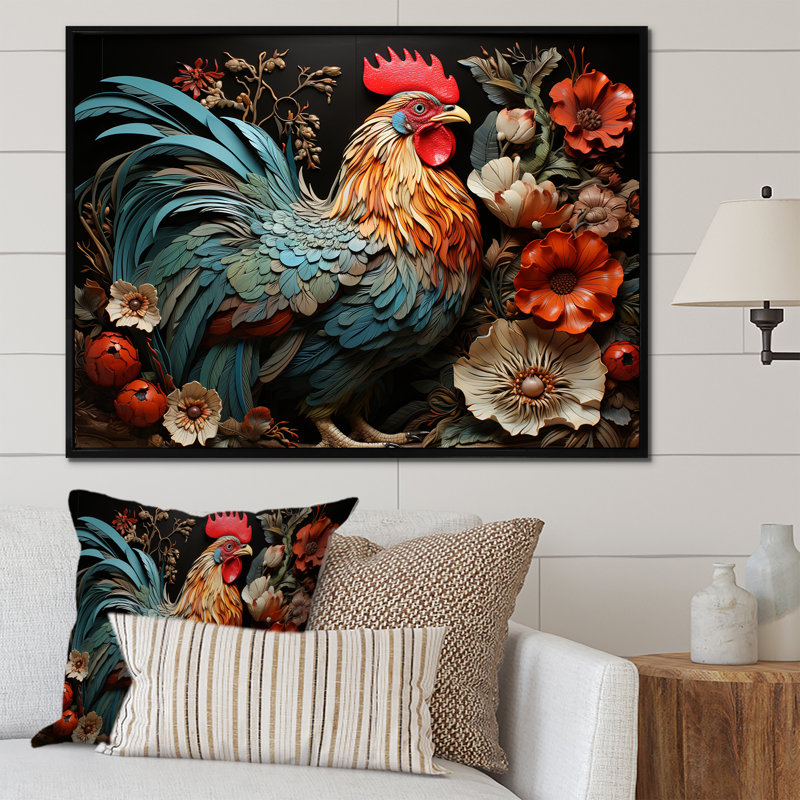 Art mural coq moderne avec coq moderne, H 34 po x l 44 po x P 1,5 po, Cadre flottant noir
