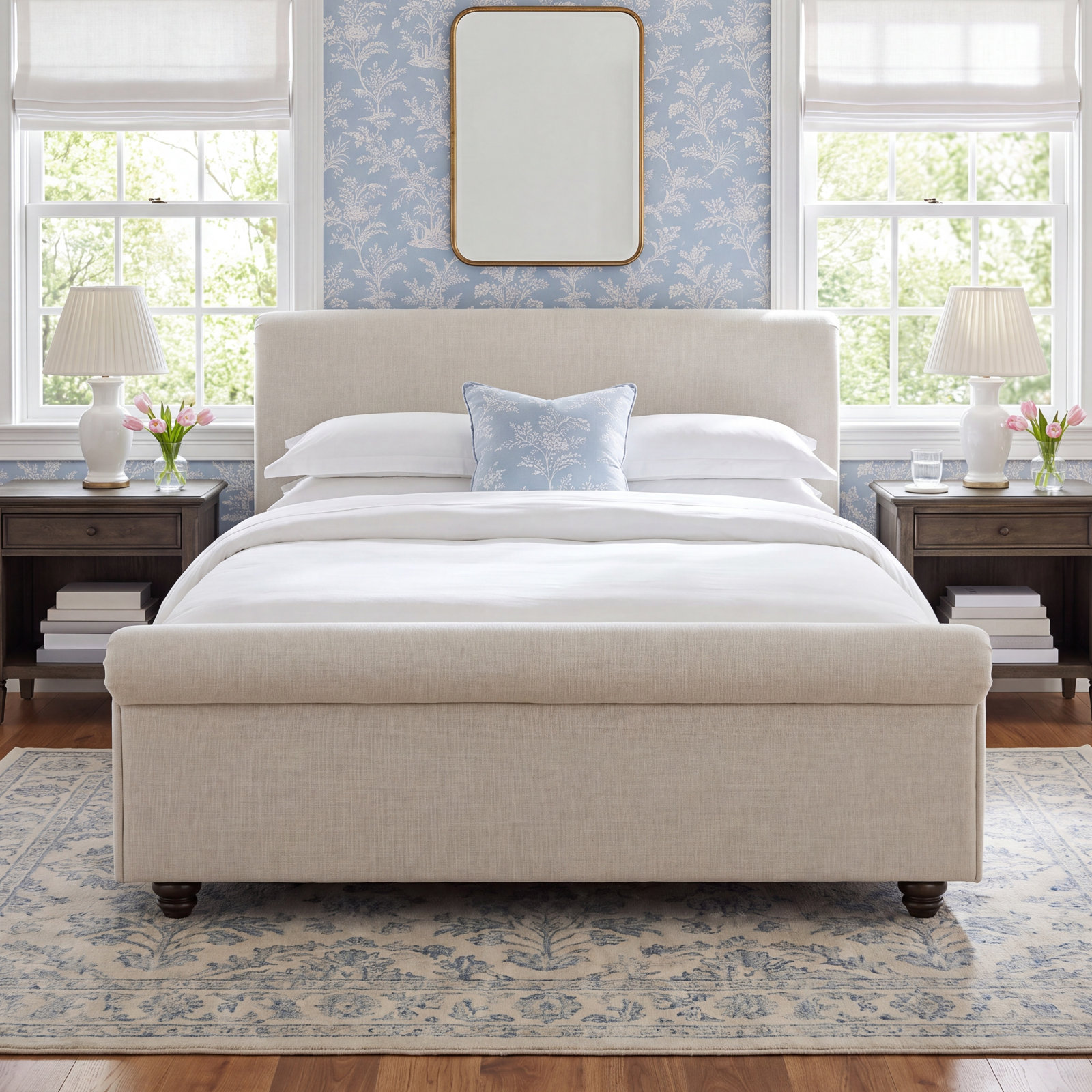 Waverly Upholstered Bed, King, Effie Linen Performance Linen
