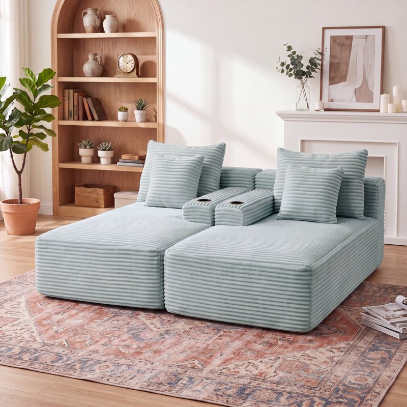 Canapé modulaire modulaire en velours côtelé avec assise profonde, porte-gobelets et poches de rangement latérales, sans assemblage