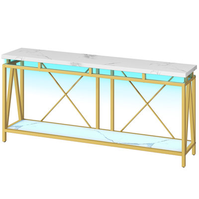 70.9" Marble Veined Table Top 2-Tier Console Table Sofa Table with Open Storage and LED Light