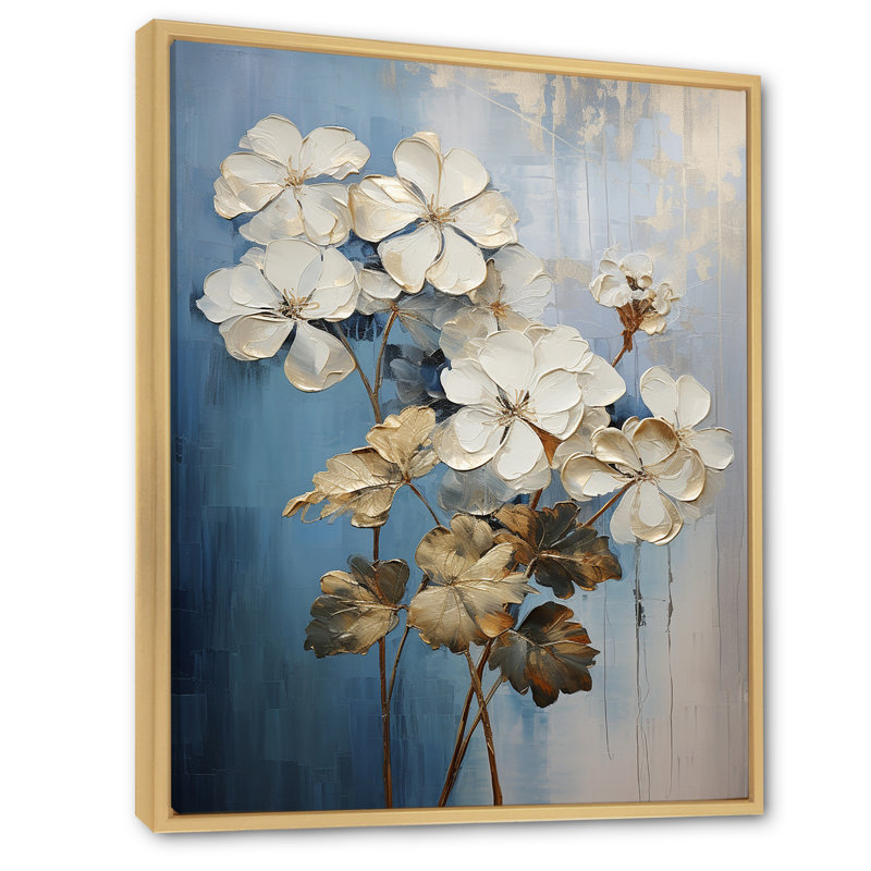 Minimalisme, géraniums bleus et blancs sur toile, Cadre naturel flottant, H 40 po x l 30 po x P 1,5 po