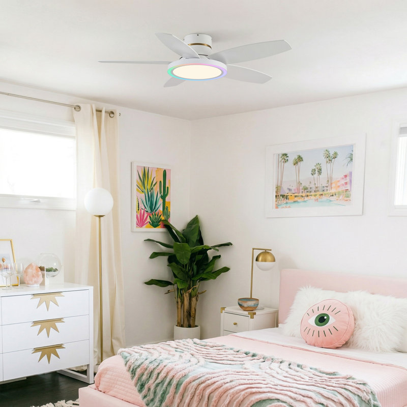 42" 5 - Blade Flush Mount Low Profile Small Room Ceiling Fan with Adjustable RGB Light and Remote, Natural Wood/White