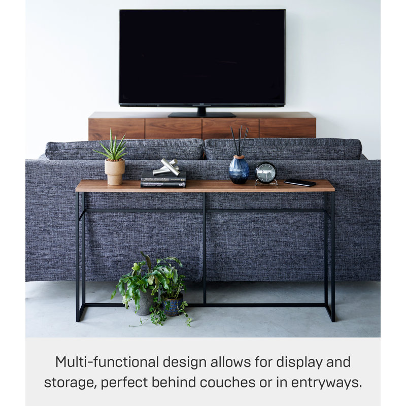 Slim Black Metal and Wood Console Table with Storage Hooks