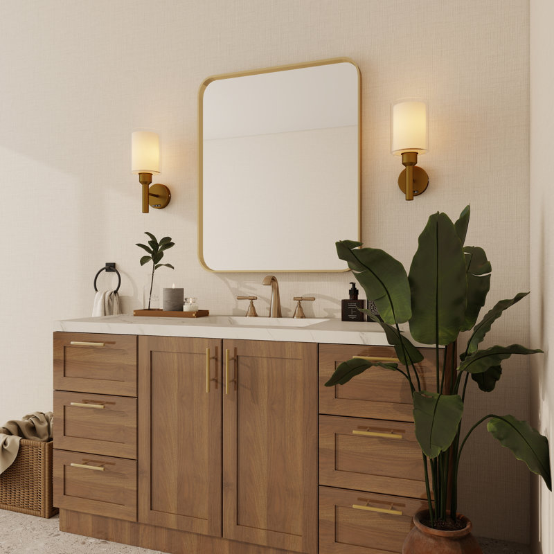 Élégant miroir encadré en aluminium avec coin arrondi pour une décoration intérieure élégante, Or brossé, Rectangulaire