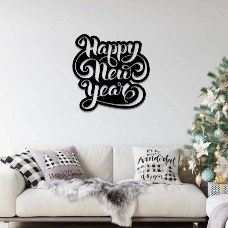 «Happy New Year Script», art mural en métal - décor de célébration festive - signe de nouvel an de style calligraphie moderne - Tenture murale minimaliste - Sculpture industrielle en métal - Décoration saisonnière - Pièce d'art audacieuse